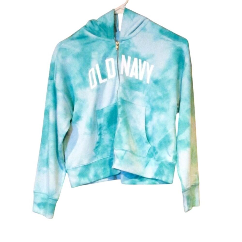 Old Navy Girls Green Tie-Dye Zip Hoodie Logo Jacket Size Large 10/12 Streetwear